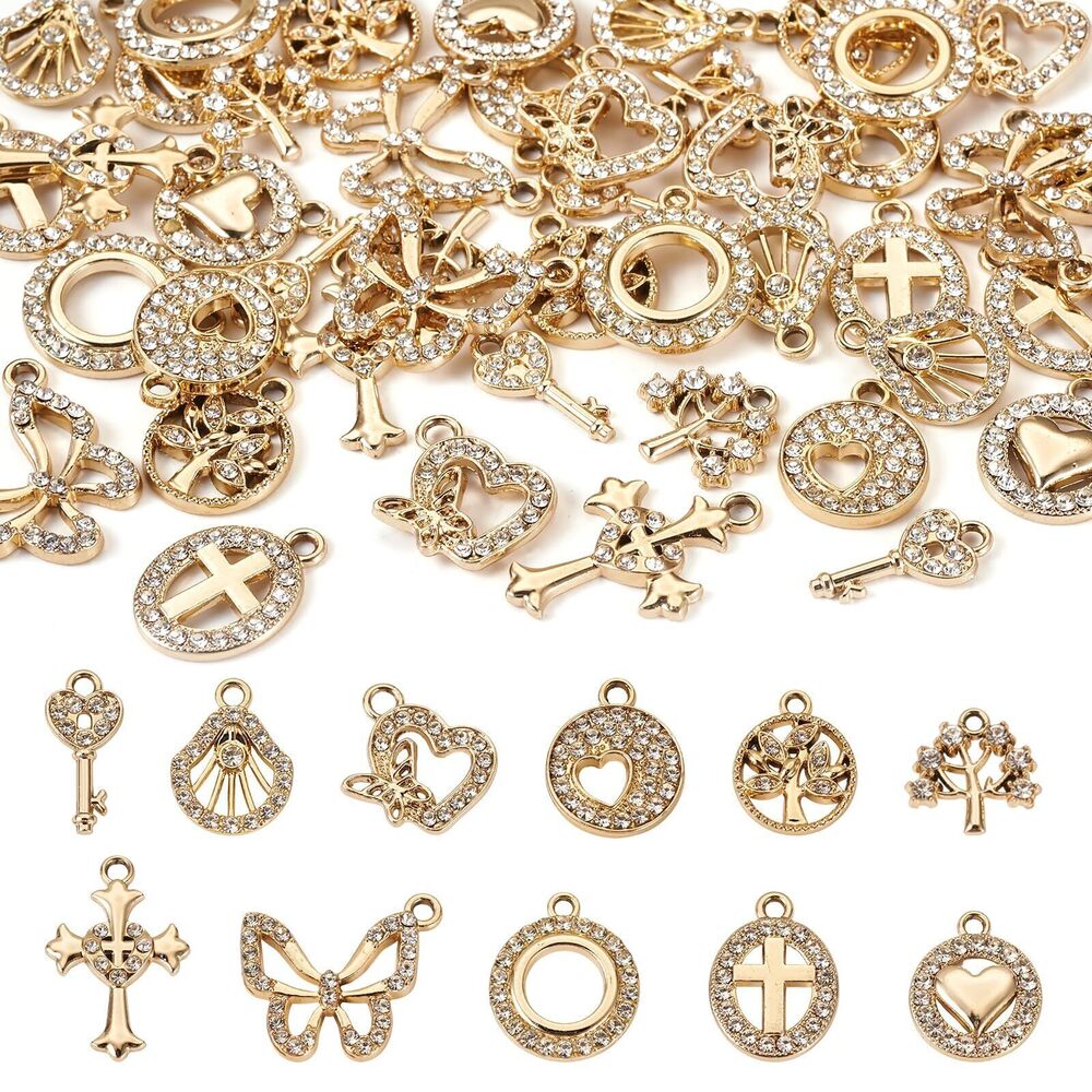 9986 44pcs Golden Rhinestone Pendants Key Tree Butterfly Shell Cross Donut